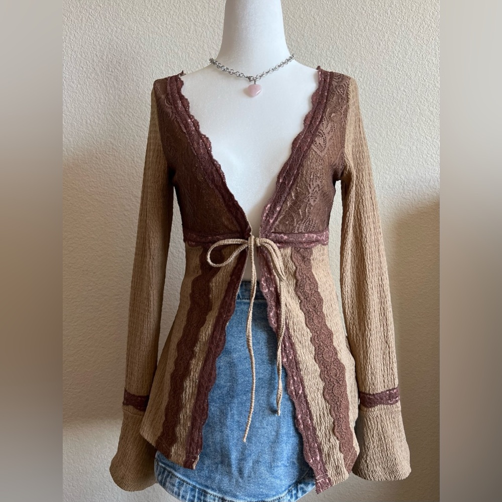 Brown & Beige Lace-Up Cardigan 🎀